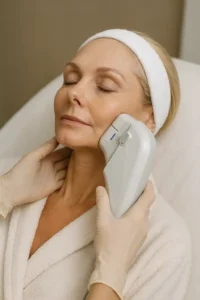Woman receiving HIFU non surgical facelift treatment Diss