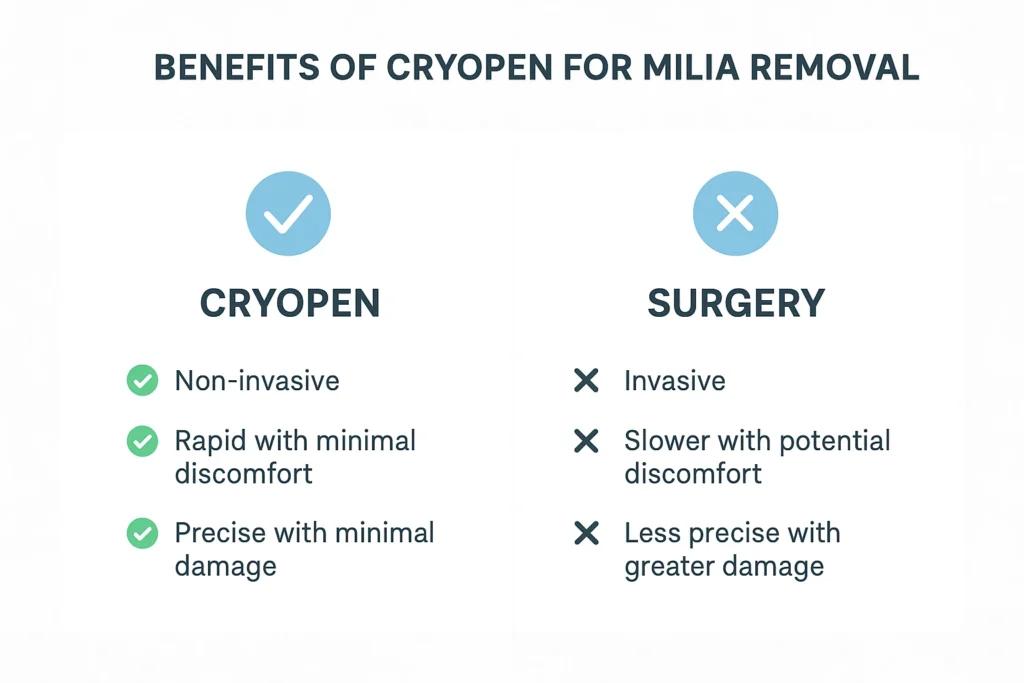 Benefits of cryopen for milia removal Diss compared to surgical treatments.