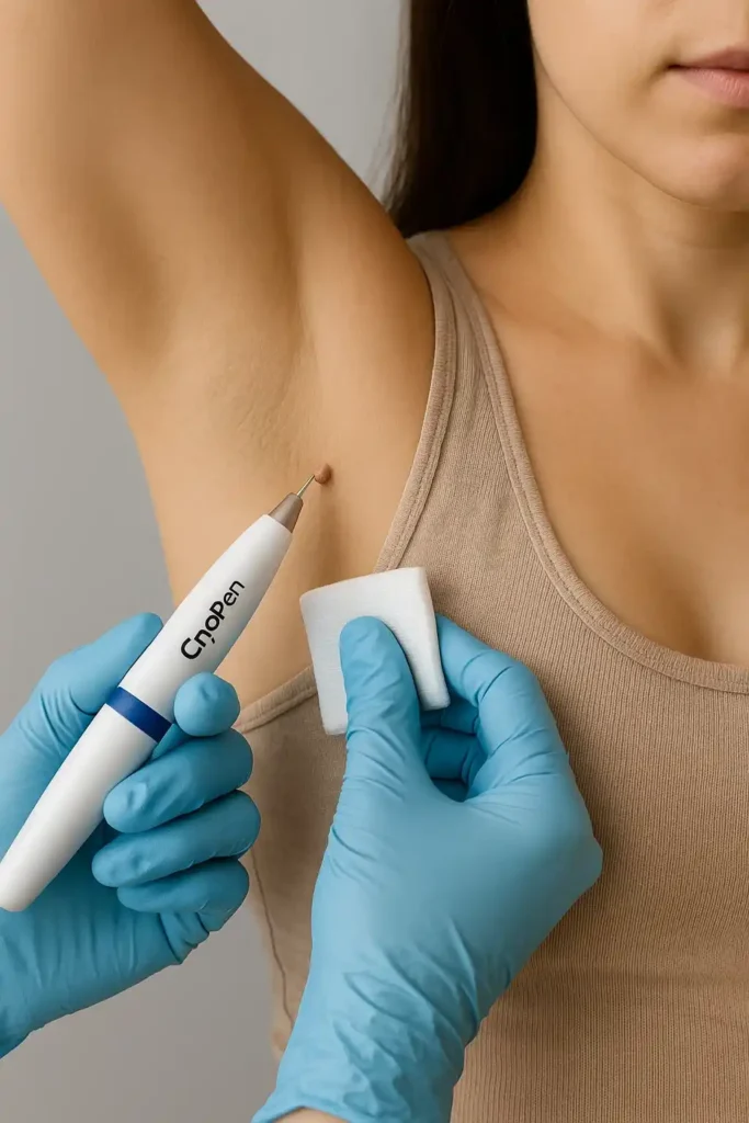 woman having cryopen to remove underarm skin tags Diss