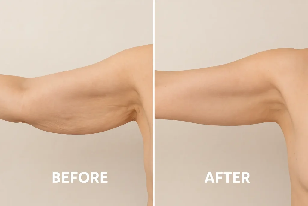 Picture of LA LIPO Diss before and after results of skin tightening treatment on the upper arms.