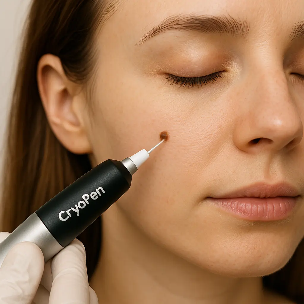 woman receiving facial mole removal Diss using cryopen