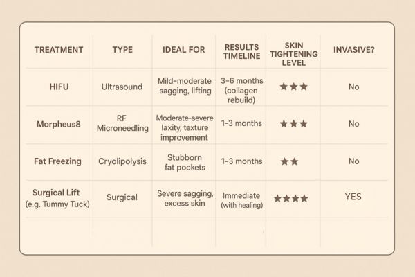 Table showing the comparisons of Skin tightening Diss treatment options.